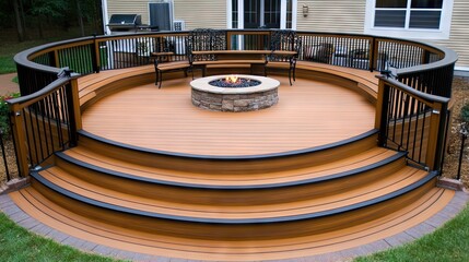 Elegant Circular Deck with Modern Fire Pit Surrounded by Stylish Chairs, Perfect Outdoor Space for Relaxation and Entertainment in a Residential Backyard