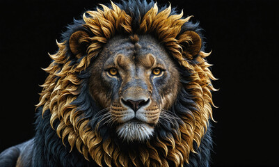 A majestic lion with a golden mane stares directly at the camera against a black background