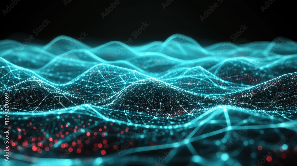 Poster abstract digital waveform representation with glowing blue lines and red dots in a dark background i