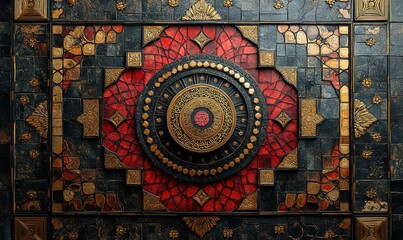 Fototapeta premium Intricate mosaic tile work in shades of gold, red, and black create a stunning, symmetrical design.
