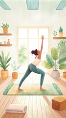 Illustration of a woman practicing yoga in a sunlit room adorned with lush greenery and natural light, promoting wellness and mindfulness.