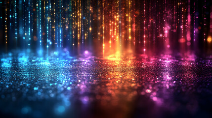 Abstract colorful sparkling background with glowing streaks of light and bokeh.