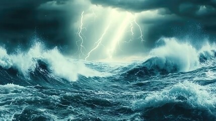 Obraz premium Dramatic Stormy Sea with Turbulent Waves and Lightning Strikes Illuminating Dark Clouds Above, Capturing Nature's Powerful Fury and Beauty