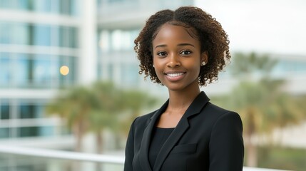 A young woman stands smiling in a sleek office environment, dressed in a formal business suit. The greenery of palm trees outside enhances the bright and contemporary setting