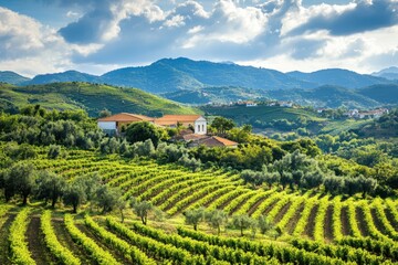 Vineyards in rolling hills under a dramatic sky near a tranquil countryside estate