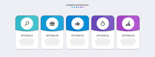 Horizontal progress bar featuring 5 arrow-shaped elements, symbolizing the five stages of business strategy and progression. Clean timeline infographic design template. Vector for presentation