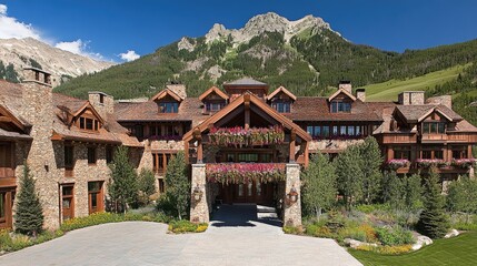 Fototapeta premium Grand mountain lodge featuring rustic architecture, beautiful landscaping, and stunning natural surroundings, perfect for luxury retreats and mountain getaways in a serene environment.