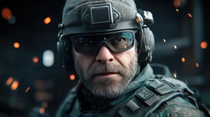 Realistic portrayal of a soldier in tactical gear with advanced technology, showcasing emotion and determination in a dynamic atmosphere with sparks flying in the background
