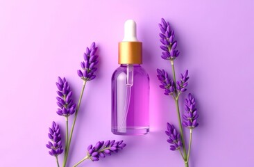 Close-up of Lavender oil. Top view. Bottle of essential lavender oil and lavender flowers, light purple background. Cosmetology, aromatherapy, skincare concept