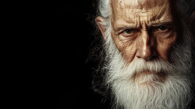 Enigmatic biblical portrait of elderly man with flowing white beard dramatic chiaroscuro. Chiaroscuro. Illustration