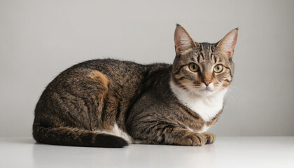 A tabby cat sits on a white surface, looking directly at the camera