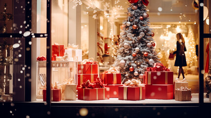 Precioso escaparate de un local comercial en la calle de una gran ciudad en Navidad. Decorado con árboles navideños, regalos,luces y nieve artificial. Compras navideñas.