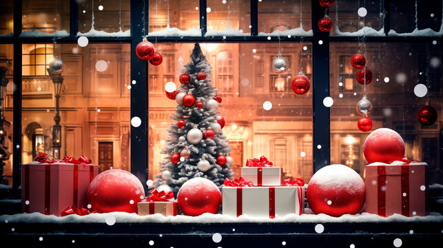 Escaparate de Navidad y Año Nuevo con cajas de regalo rojas en una calle comercial, luces de la ciudad al atardecer. Árbol de Navidad con bolas de colores en una tienda de lujo. Concepto de felices fi
