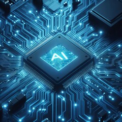 Glowing light blue neon AI chip with thin circuit contact lines. AI chip on technology background. Abstract digital tech background in monochrome blue. Semiconductor on a board
