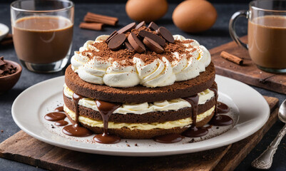 A delicious chocolate cake with whipped cream, chocolate chips, and chocolate sauce