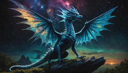 A blue dragon perches on a rock, its wings spread wide against a backdrop of twinkling stars