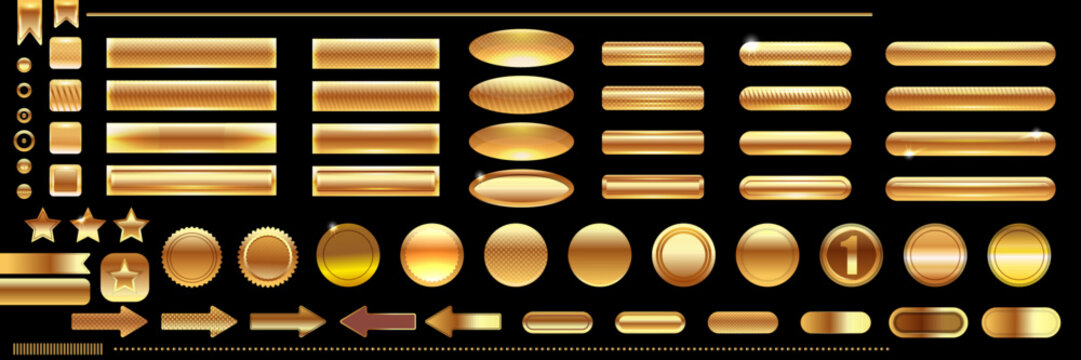 Web vector golden and bronze buttons, stars, ribbons, labels, frames, arrows and badges collection isolated on black background. Christmas golden buttons set isolated on black background