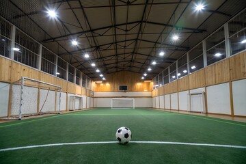 Indoor soccer field with a green turf, wooden walls, and multiple goalposts. Bright overhead lights create a professional and clean sports environment.