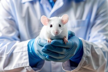 A white laboratory mouse gently held by gloved hands in a scientific setting, emphasizing animal research and laboratory environments.