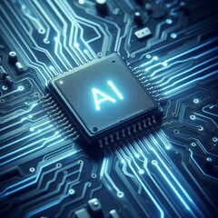 Glowing light blue neon AI chip with thin circuit contact lines. AI chip on technology background. Abstract digital tech background in monochrome blue. Semiconductor on a board
