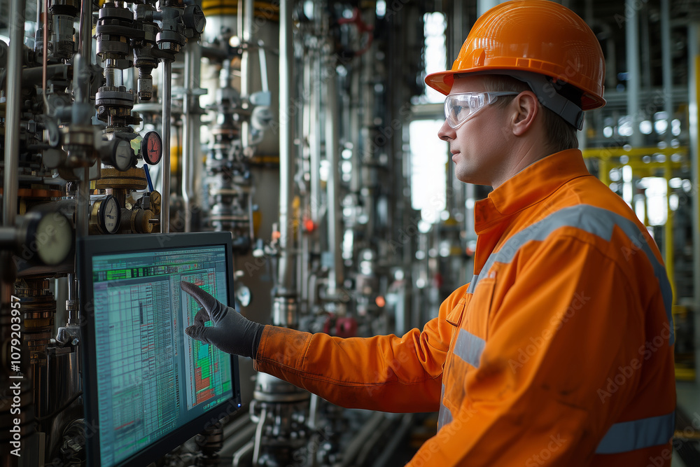 Poster Engineer analyzes data on computer screen at gas facility during work hours