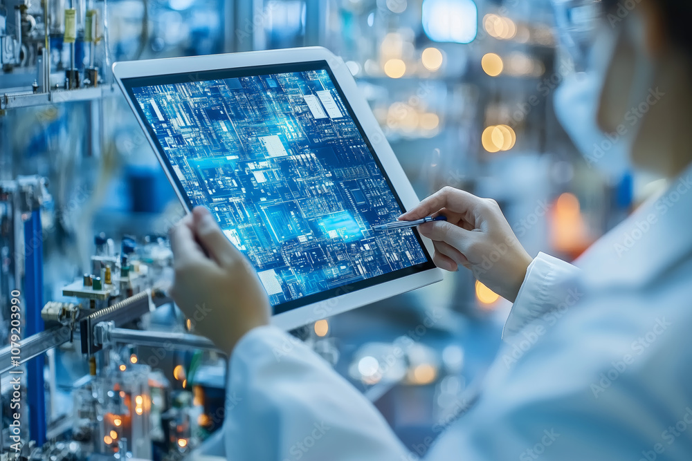Poster Engineers in a high-tech lab using digital tablets for assembly processes