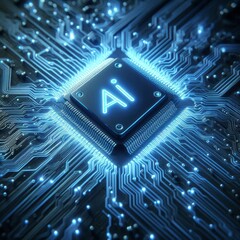 Glowing light blue neon AI chip with thin circuit contact lines. AI chip on technology background. Abstract digital tech background in monochrome blue. Semiconductor on a board
