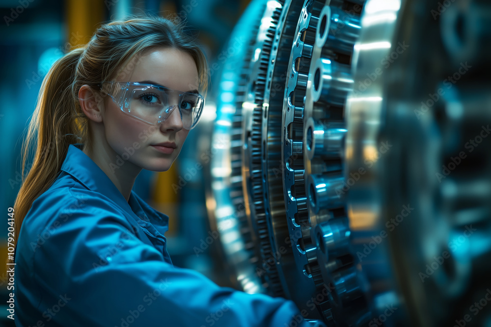 Poster Female engineer carefully inspecting a machine part in a modern factory setting