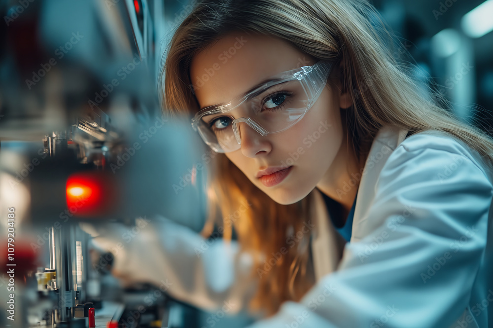 Aufkleber female engineer examines intricate semiconductor components in a lab setting