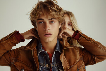 Young male in brown jacket looked at the camera with a serious expression, female behind him in a neutral setting. Concept of fashion portrait.