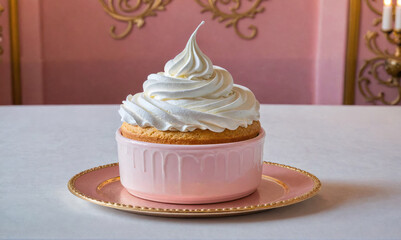 A fluffy white meringue topping sits atop a golden cake in a pink bowl