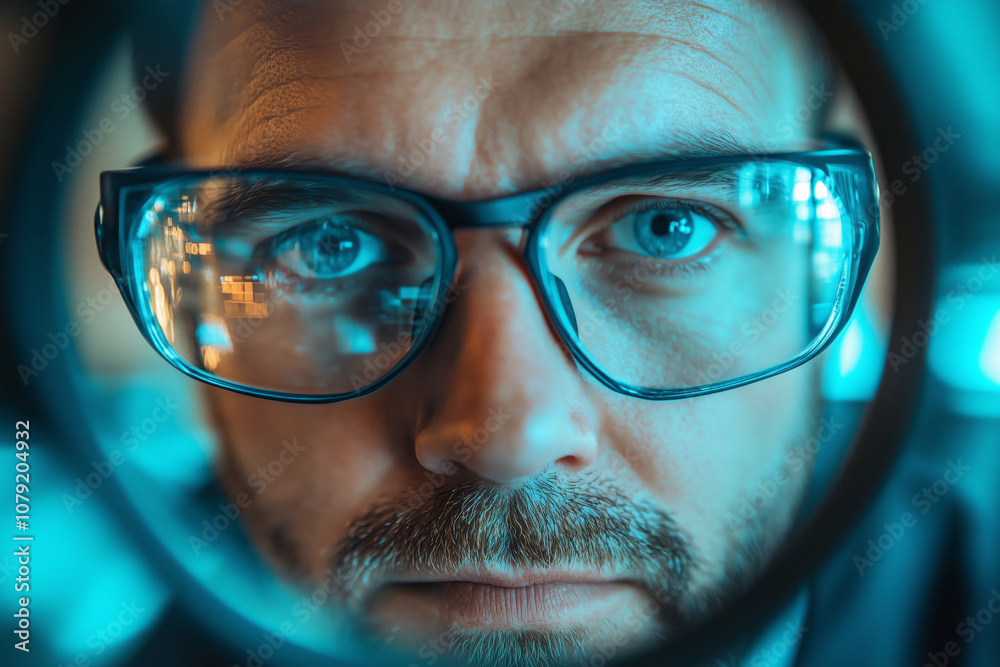 Poster Focused male engineer examining circuit board components during assembly