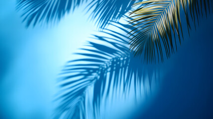 Fototapeta premium Summer concept. Palm tree shadow on a blue background.