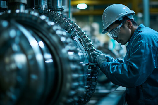 Focused male engineer skillfully managing advanced factory machinery