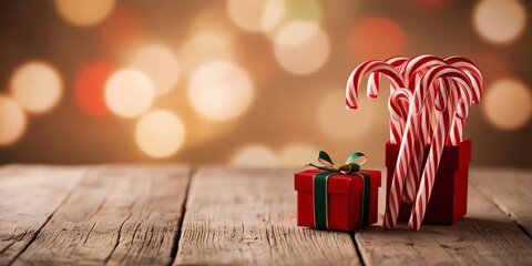 Candy canes placed beside a small red gift box on a wooden surface, with an expansive, rustic background creating a warm, open feel 10