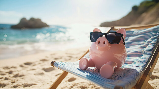 Piggy bank with sunglasses lounging on a beach chair, representing money saved for summer vacation, travel, and leisure