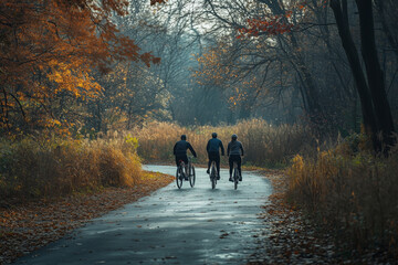 Mature couple enjoying a peaceful bicycle ride along a scenic autumn pathway