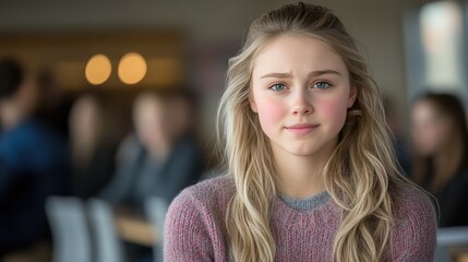 A young girl with blonde hair and a gentle expression sitting in a crowded café, surrounded by others engaged in conversation, creating a lively atmosphere