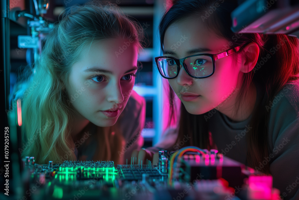 Poster two innovative female engineers collaborating on a circuit board in a lab
