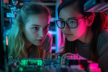 Two innovative female engineers collaborating on a circuit board in a lab