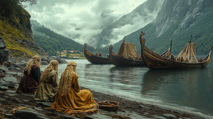 Viking girls gather on a fjord shore at dawn, awaiting their returning ships