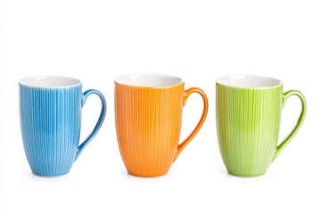A stylish set of ceramic mugs in orange, blue, and green on a clean white background for a modern kitchen