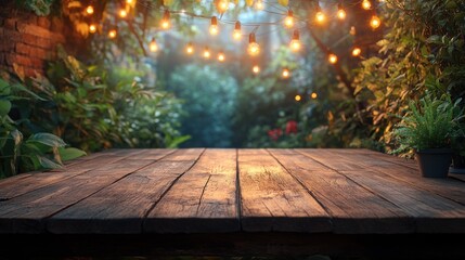 A rustic wooden table sits in the middle of a cozy backyard setting, illuminated by twinkling string lights.