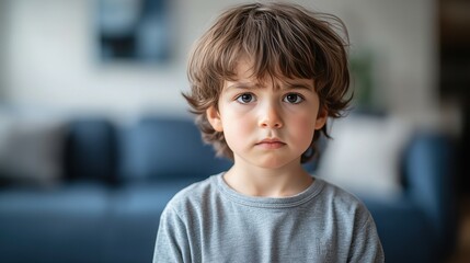 A young boy stands in a cozy living room, looking serious with expressive eyes. The warm atmosphere suggests a comfortable home environment during daytime