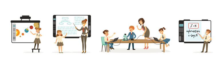 Boy and Girl at School Lesson Gain Subject Knowledge Vector Set