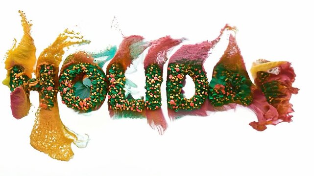 An animated lettering of the word Holiday with floral motifs and bright colors.