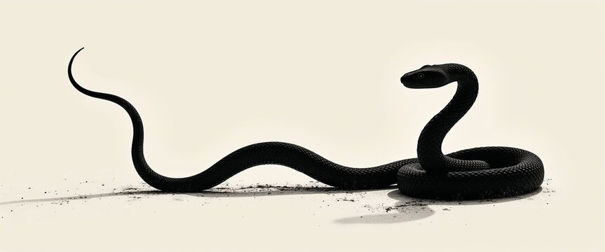 Coiled black snake with bold stance and smooth texture on a pale background