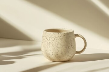 Fototapeta premium Runde Keramiktasse mit gesprenkelter Textur beige Kaffeetasse rustikales Design Vintage-Stil handgefertigter Becher für Kaffee Tee stilvolles Trinkgefäß Tasse für Zuhause Büro Geschenkidee
