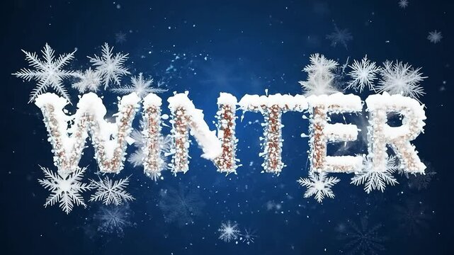 An animated lettering of the word winter as a background consisting of snowflakes and ice.