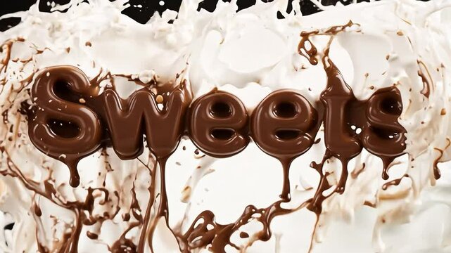 An animated lettering of the word Sweets as a background of liquid delicious chocolate.